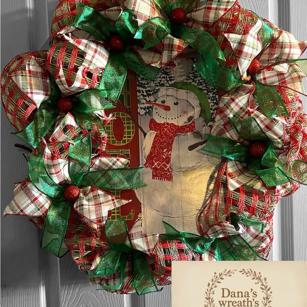 Festive Snowman Holiday Wreath with Red and Green Accents